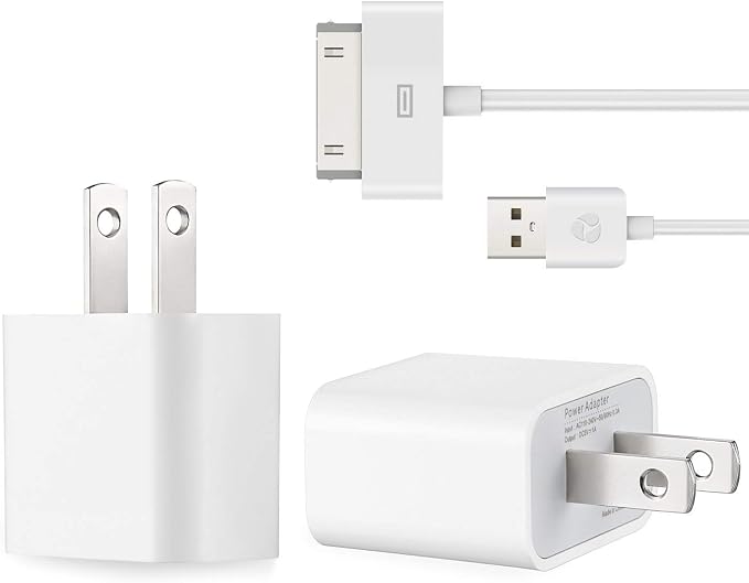 ESK Certified 6 Feet 30 Pin USB Charging Cable with 5W USB Power Adapter for iPhone 4/4s iPhone 3G/3GS iPad 1/2/3 iPod Touch 1/2/3/4 (2 Pack)