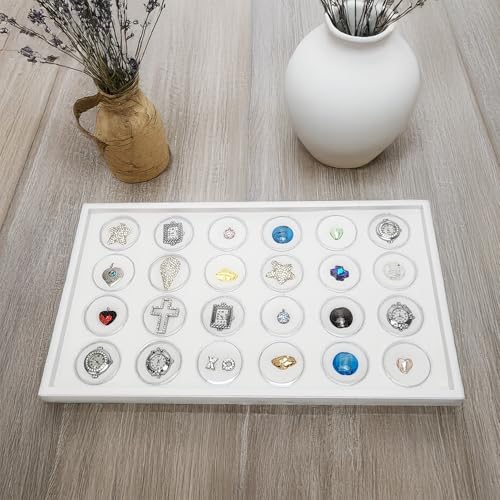 Ikee Design 24 Gem Showcase Stackable Jewelry Display Tray for Collectibles, Rock Storage Box Gemstones Bead Storage Jars, White Foam, White Tray, 14 7/8W x 8 3/8D x 1H in - color: White Foam/White Tray (24 Large Jars)