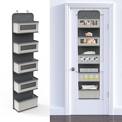 Over The Door Hanging Organizer with 5 Big Pockets, Wall Mount Fabric Back of Door Storage Organizer with Clear Window & Metal Hooks for Pantry Closet Diaper Dorm Nursery Bedroom