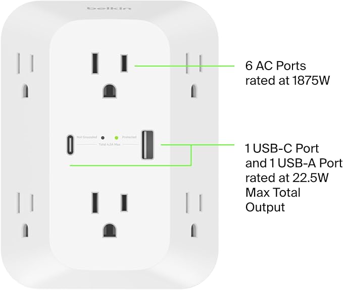 Belkin 6-Outlet Surge Protector Power Strip, ETL-listed, Wall-Mountable w/ 6 AC Outlets, Overvoltage Protection, LED Indicator, USB-C & USB-A Ports w/ USB-C PD Fast Charge - 1,680 Joules of Protection