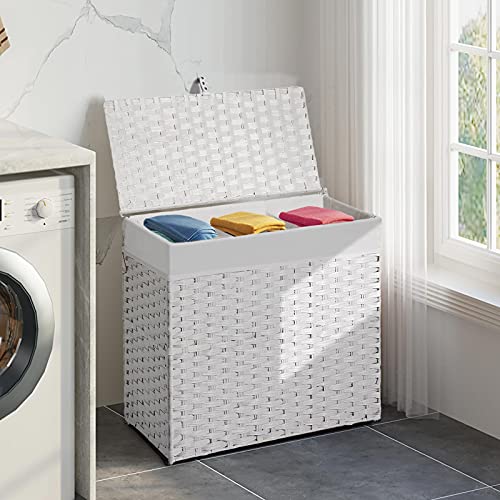 Greenstell Laundry Hamper with Lid, 125L Large Clothes Hamper with 3 Section & 2 Section Removable Liner Bags & 5 Mesh Laundry Bags, Handwoven Synthetic Rattan Divided Laundry Basket, White - color: White