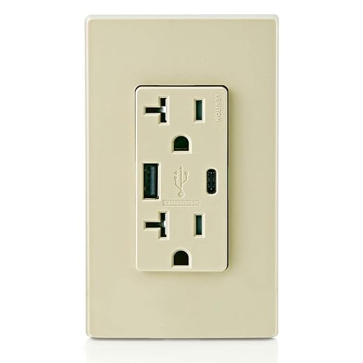 Leviton Type A &amp Type-C USB In-Wall Charger with 20A Tamper-Resistant Outlet USB Charger for Smartphones and Tablets. Not for Laptops T5833-E Black