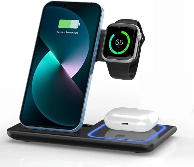 Desktop 3 in 1 Wireless Travel Charger Stand for iPhone 17 16 15 14 13 12 Pro Max iWatch S10~2 SE Ultra AirPods 4/3 Pro Foldable Fast Charging Dock (Black)