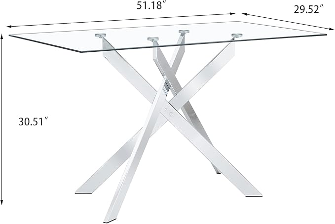 HomVent 51.18" Rectangular Clear Tempered Glass Dining Table,Stylish Design with Silver Metal Legs, Dining Table for Dining Room