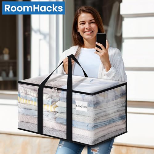 RoomHacks Clear Heavy Duty Extra Large Moving Bags, Reinforced Handle and Double Zipper Storage Bags for Packing Essentials (6 Packs) - size: 125L- 6Packs