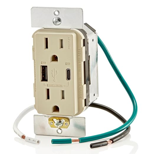 Leviton 30W (6A) USB Dual Type-C/C Power Delivery In-Wall Charger with 15A Tamper-Resistant Outlet USB Charger for Smartphones Tablets Laptops T5635-E Black