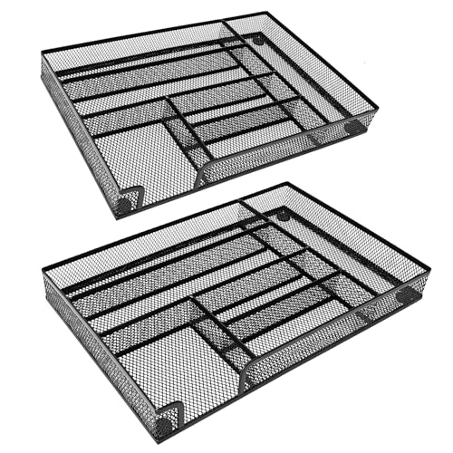 2-Pack Metal Mesh Desk Drawer Organizer Tray Set, 6-Compartment Office Drawer Organizer for Pens Supplies, 12.6"x8.27"x1.57" Black - color: 2pcs packed black