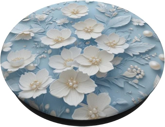 White Pearl Floral on Blue Illustration Print PopSockets PopGrip for MagSafe