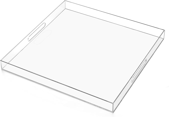 18×18 inches Oversized Clear Acrylic Ottoman Tray Extra Large Decorative Tray Spill-Proof Serving Trays with Handles King-Size Safe Edge Organizer for Coffee Table Countertop Breakfast