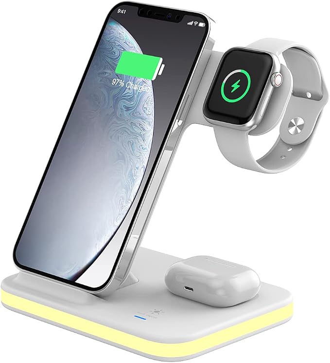 4-in-1 Wireless Charging Stand with Night Light | Compatible with iPhone 14/13/12/11/SE/XS/XR/X/8 Plus Pro Pro Max Models Watch 23 Pro | Adjustable Night Light (White)