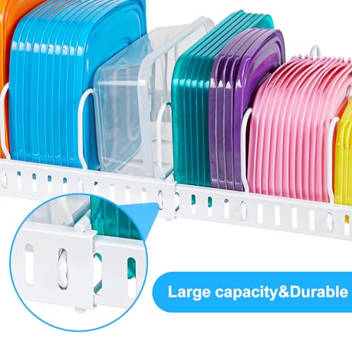 X-cosrack Expandable Food Container Lid Organizer,Large Capacity Adjustable 10 Dividers Detachable Lid Organizer Rack for Cabinets, Cupboards, Pantry Shelves, Drawers to Keep Kitchen Tidy,White - color: White