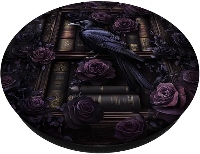 Dark Gothic Bookshelf with Raven and Moody Purple Roses PopSockets Adhesive PopGrip