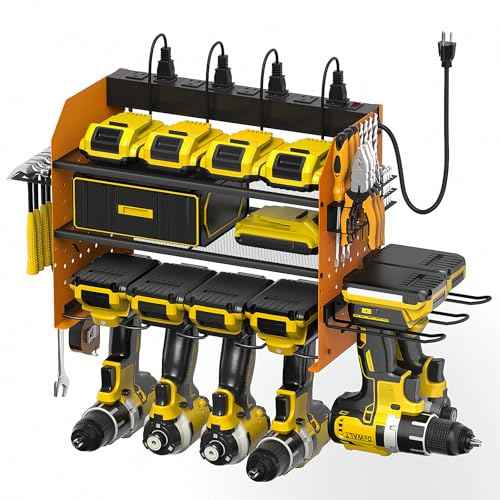Power Tool Organizer Wall Mount, Modular Tool Storage with Charging Station, Garage 4 Drill Storage Shelf with Hooks, Hammer/Plier Holder, 8 Outlet Power Strip, Heavy Duty Rack for Workshop