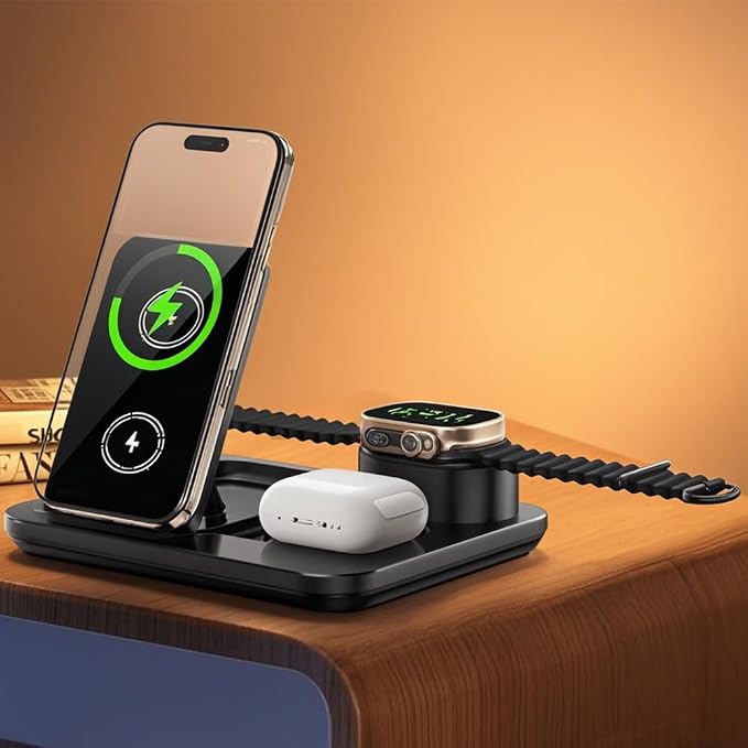 IHAO 3in1 Multifunctional Foldable Wireless Charging Station with LED Ambient Night Light Fast QC3.0 Charger for Phone iWatch Headphone Space-Saving Auto-Shutoff &amp Overcharge Protection-Black