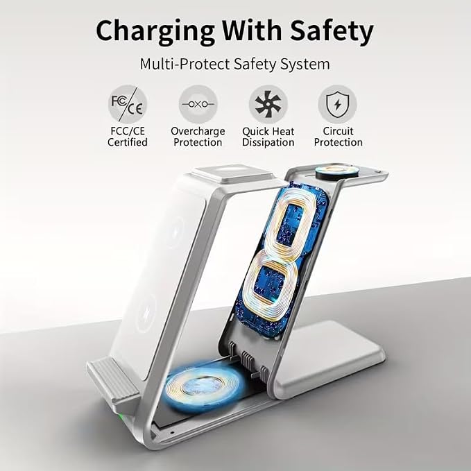 3-in-1 15W Wireless Charger Making the Desktop Cleaner Wireless Charger with Dual CoilWhite