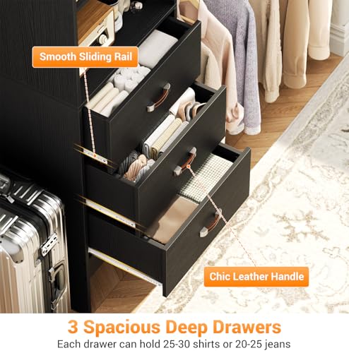 Homieasy 96 Inches Closet Organizer System, 8FT Customizable Walk In Closet Organizer with Hanging Rods, 3 Drawers Garment Rack with Leather Handle , 96" L x 16" W x 75" H, Max Load 1000 LBS, Black - color: Black