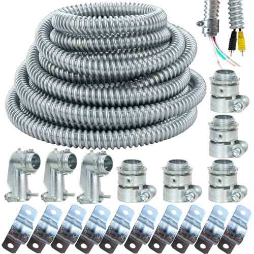 (1/2" Dia * 50 Feet) Yariwiz Flexible Steel Electrical Conduit Liquid Tight Steel Conduit Kit with 5 PCS Coupling, 3 PCS Elbow and 10 PCS Strap, Flex Liquidtight S-LCCK-0.5-50FT-KIT