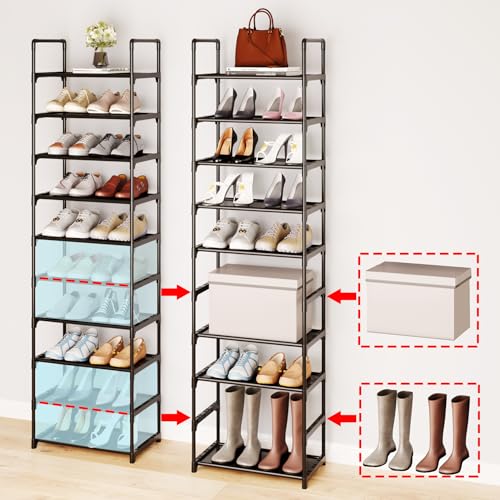 10-Tier Large Shoe Rack,20-25 Pairs Sturdy Shoe Shelf Storage Organizer,Tall Shoe Stand for Entryway, Hallway and Closet(Black) - size: 10-Tier(Black)
