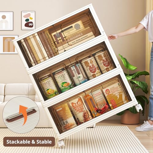382QT Extra Large Lockable Stackable Storage Bins with Lids, 6-Tier Collapsible Plastic Storage Bins with Wheels, Foldable Closet Storage Bins for Bedroom Dorm Home Office Organization