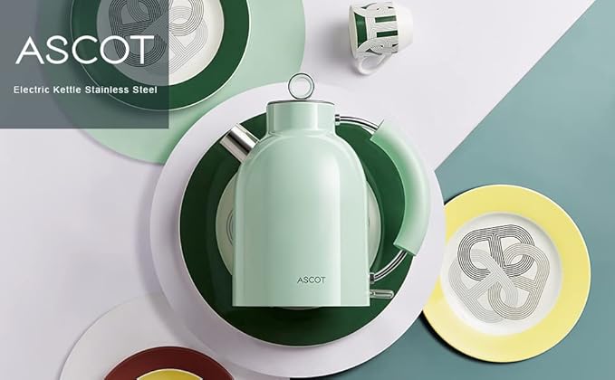 Electric Kettle, ASCOT Electric Tea Kettle, Stainless Steel Water Boiler, Fast Boiling, 1.5L, 1500W, BPA-Free, Cordless, Automatic Shutoff, Boil-Dry Protection, Green