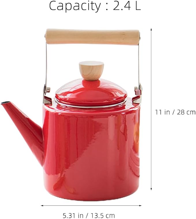 Cabilock Enamel Tea Kettle with Wooden Handle 2.4L Stovetop Water Kettle for Boiling Hot Water Coffee and Tea Suitable for Gas and Induction Cookers
