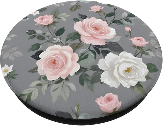 Pink Flowers Gray Leaves PopSockets Adhesive PopGrip