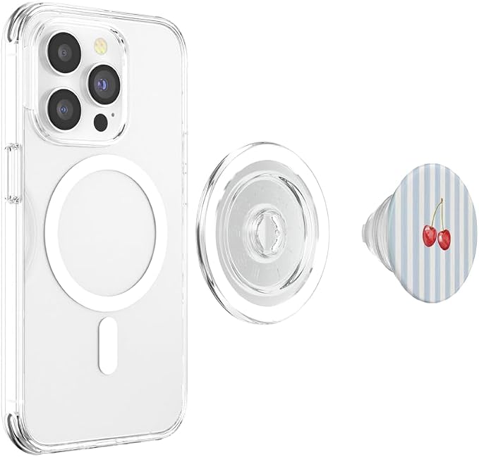 Blue Beige Stripe Cherry Pattern PopSockets PopWallet for MagSafe