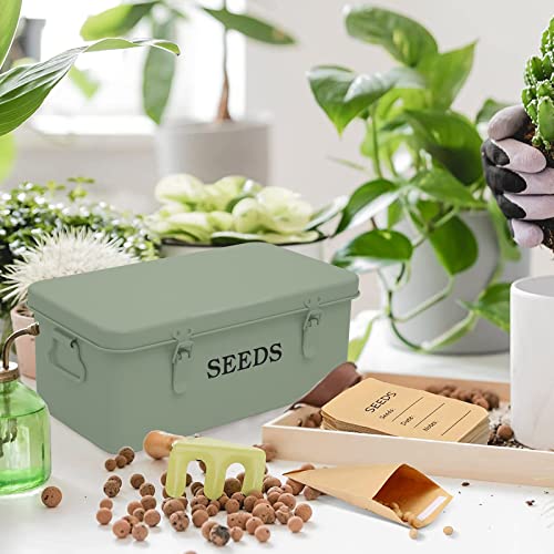 Seed Saving Box, Metal Seed Bin, Seed Storage Organizer Box, Seed Packet Container with Lid, Seed Envelope Storage Box, 4 Compartments Garden Seed Bin with Safety Locks-Green - color: Green
