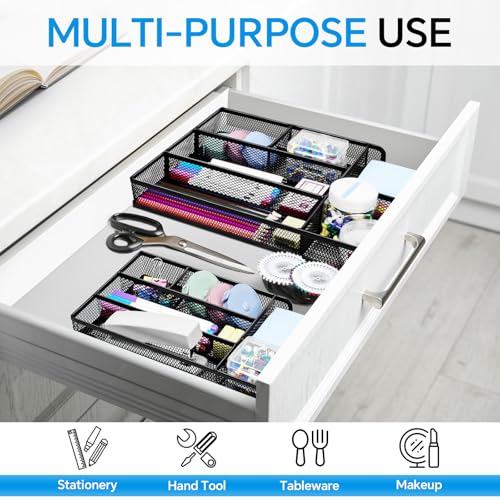 Desk Drawer Organizer, Office Drawer Divider Organizer Tray with 6 Compartments, Metal Mesh Desktop Organization and Accessories for Stationery Makeup Kitchen Toolroom School ＆Office, 12.6x8.27x1.6 in - size: Large-2 Pack