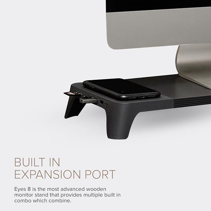 POUT E8 Wood Desk Monitor Computer Stand Riser Shelf + USB HUB + Qi Fast Wireless Charging Charger Pad Mat for Laptop Apple iMac PC iPhone Samsung Galaxy Airpod 2 Buds (Black)