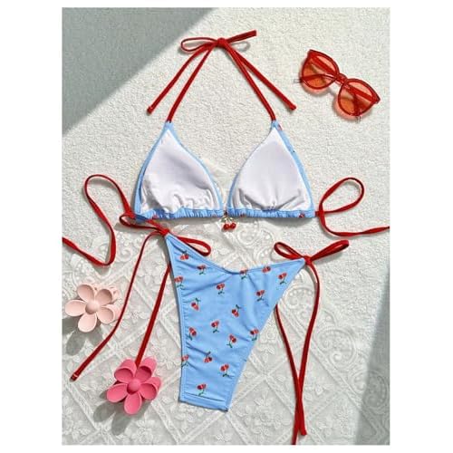 WDIRARA Women's 2 Piece Swimsuit Cherry Print Bikini Set Halter Triangle Bikini Side Tie String Bathing Suits