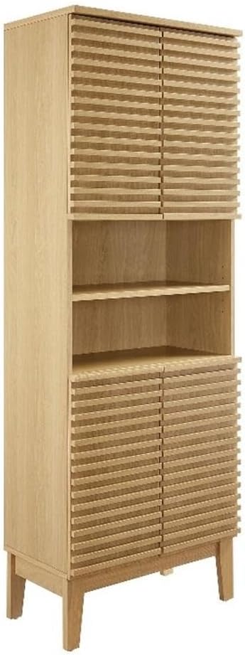 Modway Render Tall Bathroom Storage Tower in Oak - 63” Freestanding Linen Cabinet with Open Shelves and 4 Soft-Close Doors - Towel and Makeup Organizer