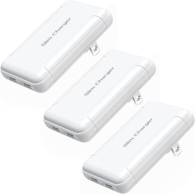 Slim USB Charger Block OKRAY Flat Dual USB Wall Charger with Foldable Plug | 3Pack Ultra-Thin 5v/3a Fast Charging Blocks USB-A Port Phone Charger Travel Adapter for iPhone 14 13 12 11 XR Galaxy S24
