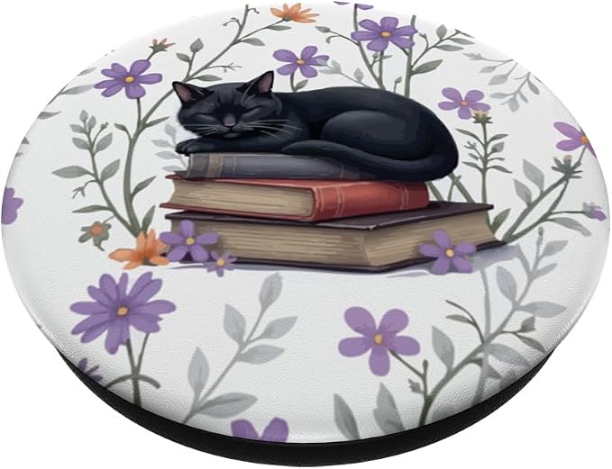 Reading Cat Purple Flower Floral Book Lover Librarian PopSockets PopGrip for MagSafe