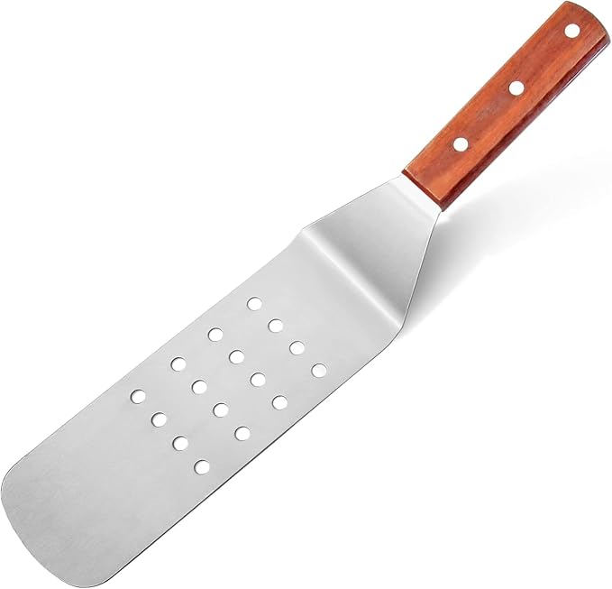 New Star Foodservice 14.5 Inch Perforated Flexible Grill Turner, Stainless Steel Spatula with Wood Handle for Griddle, Flat Top, Grill, and Restaurant Use