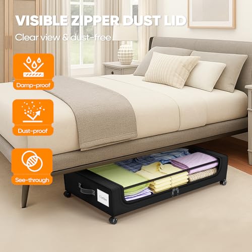 Camkey® Under Bed Storage with 360° Wheels, 2-Pack, 60L Low-Profile Rolling Underbed Bins for Clothes, Shoes, Toys & Books,Easy Pull-Out, Dust Protection, Space-Saving Organizer for Bedroom/Dorm,Black