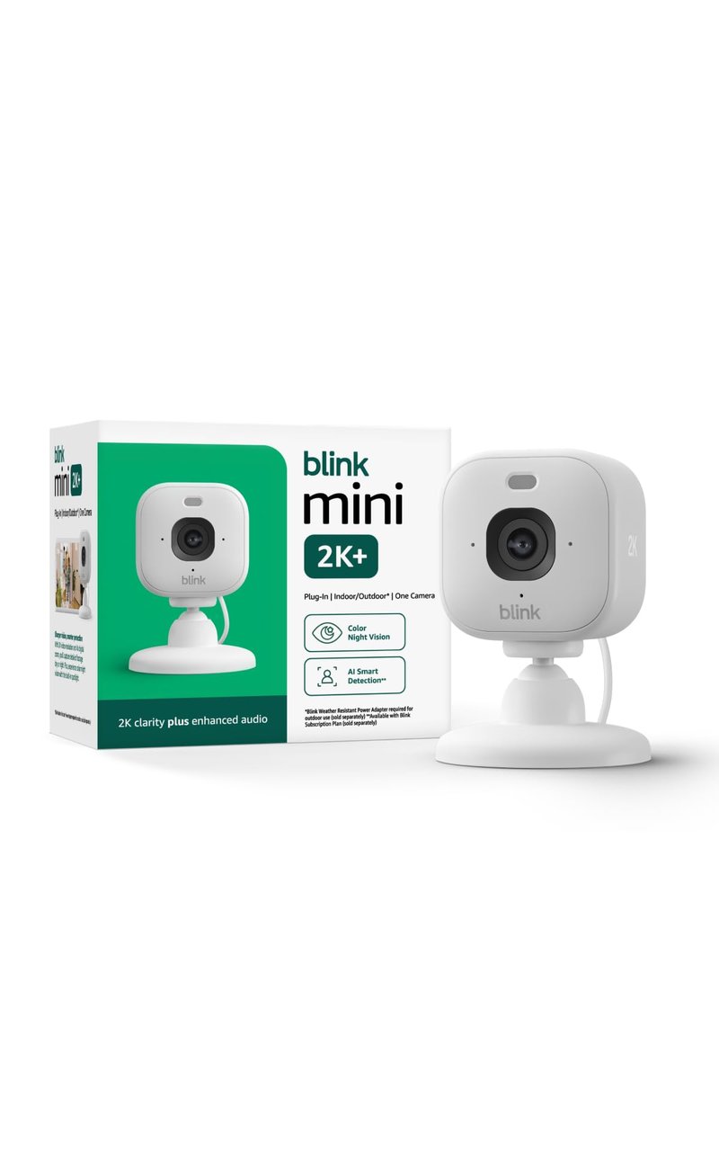Blink Mini 2K+ (newest model) with 1-Year Plus plan – Plug-in Home & Pet Security Camera with 2K video resolution, smart motion detection, works with Alexa – 1 camera (White)