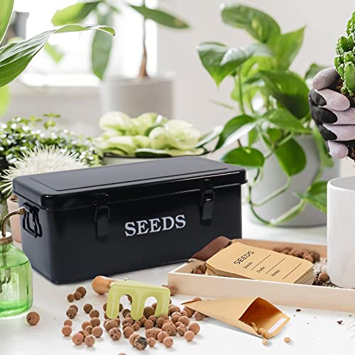 Seed Saving Box, Metal Seed Bin, Seed Storage Organizer, Seed Packet Container with Lid, Seed Envelope Storage Box, 4 Compartments Garden Seed Bin with Safety Locks-Black - color: Black
