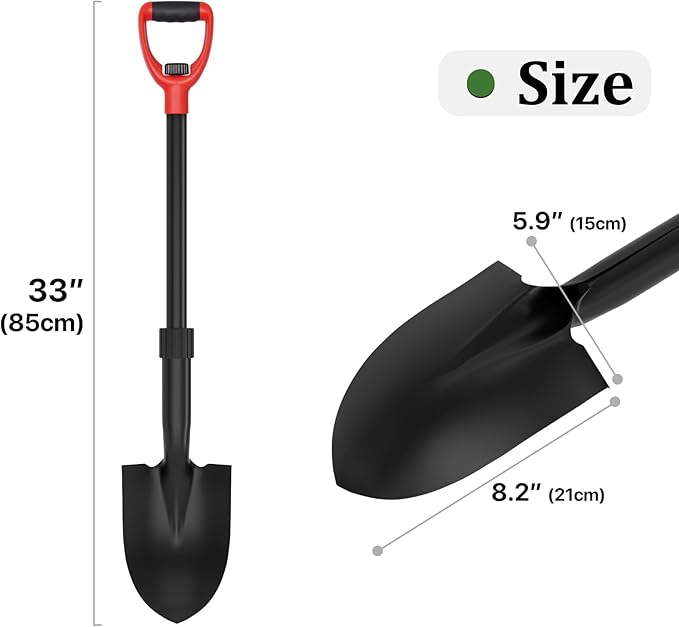 Shovel, Shovels for Digging, 33" Garden Shovel Heavy Duty with Ergonomic D-Grip, Small Spade Shovel for Camping, Edging, Off-Road, Metal Portable Mini Shovel with Fiberglass Shaft, Lightweight