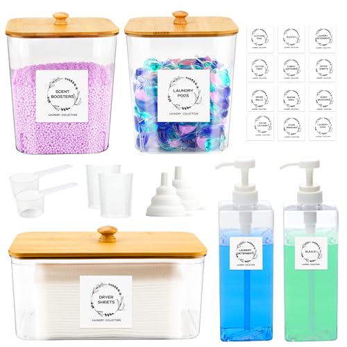 FEXIA 3+2 Pack Laundry Pods Containers and Dryer Sheet Holder with Laundry Detergent Dispenser Laundry Room Organization Storage Containers with Lids and Labels for Scent Booster,Powder,Pods