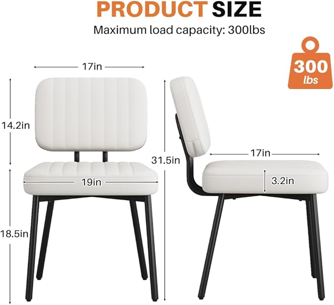Dining Chairs Set, Upholstered Mid Century Modern Kitchen Dining Room Accent Chairs with Faux Leather Cushion Seat & Metal Legs for Kitchen, Living Room (White, Set of 2)