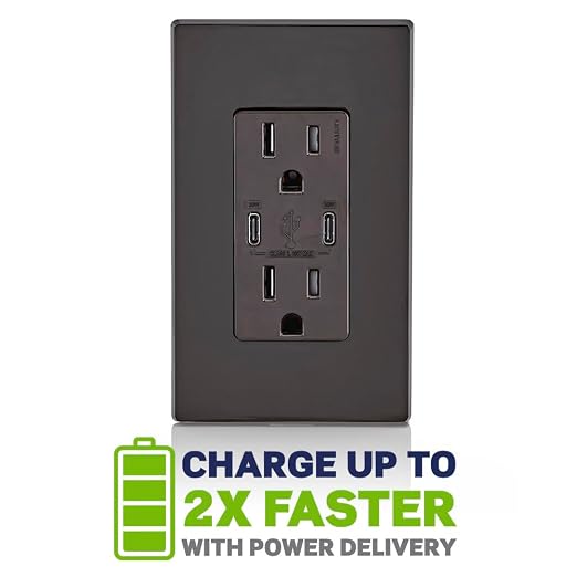 Leviton 30W (6A) USB Dual Type-C/C Power Delivery In-Wall Charger with 15A Tamper-Resistant Outlet USB Charger for Smartphones Tablets Laptops T5635-E Black