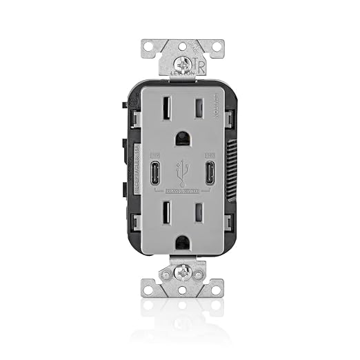 Leviton 30W (6A) USB Dual Type-C/C Power Delivery In-Wall Charger with 15A Tamper-Resistant Outlet USB Charger for Smartphones Tablets Laptops T5635-E Black