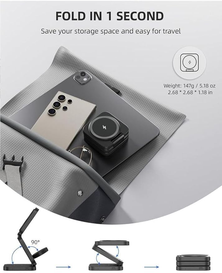 LUNOX 3-in-1 Wireless Charger for iPhone - Apple Watch &amp AirPods - Foldable Magnetic Fast Charging Dock - Black - White