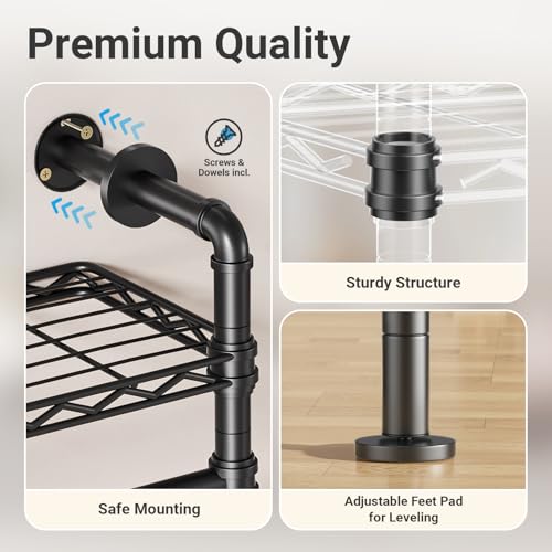 Timate F4 Wall Mounted Clothes Rack Industrial Pipe Clothing Rack for Hanging Clothes, Expandable Garment Rack Heavy Duty Wardrobe Closet Organizer and Storage, Black Adjustable Industrial Closet Kit - color: Black