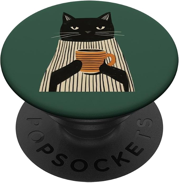 Black Cat Holding Coffee Cup Illustration PopSockets Adhesive PopGrip
