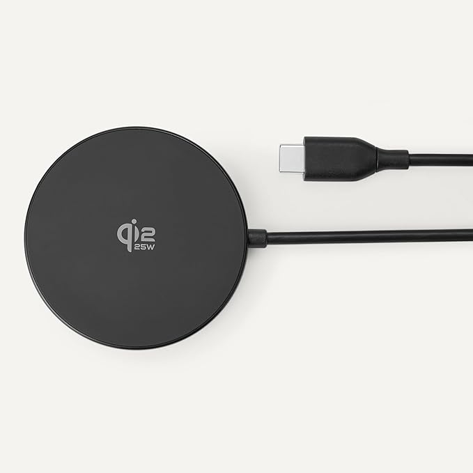 Amazon Basics 25W Qi2.2 Certified Wireless Charging Pad MagSafe Compatible for iPhone 17/16/15/14/13/12 Magnetic Compatible for Android Google Smartphones Black (Adapter Not Included)