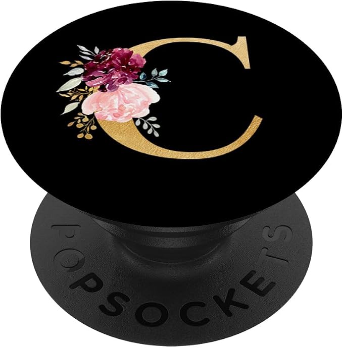 Pink Rose Flowers Monogram Floral Initial Letter C On Black PopSockets Adhesive PopGrip