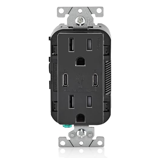 Leviton 30W (6A) USB Dual Type-C/C Power Delivery In-Wall Charger with 15A Tamper-Resistant Outlet USB Charger for Smartphones Tablets Laptops T5635-E Black
