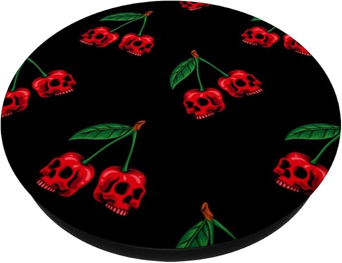 Cute Cherry Skull Pattern Scary Red Skulls Black Background PopSockets Adhesive PopGrip